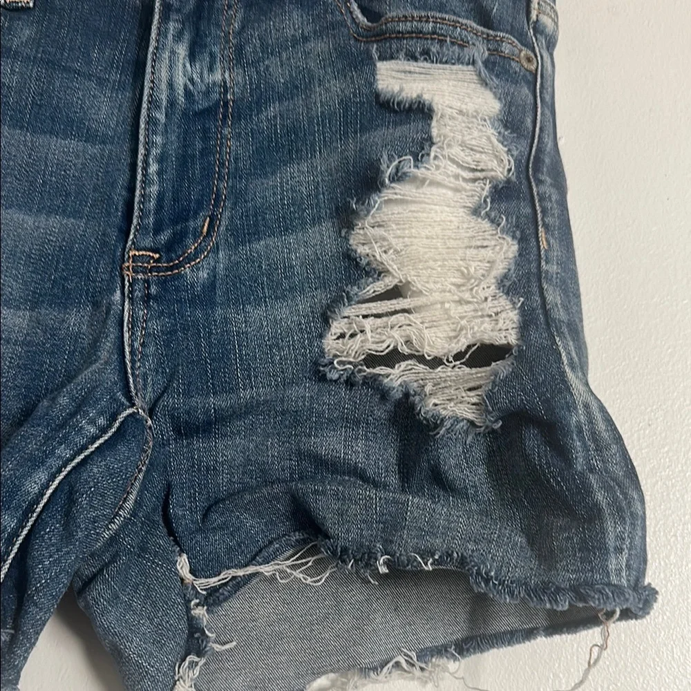 EUC American Eagle Next Level Stretch Blue Distressed Jean Shorts with Raw Hem - Picture 4 of 5